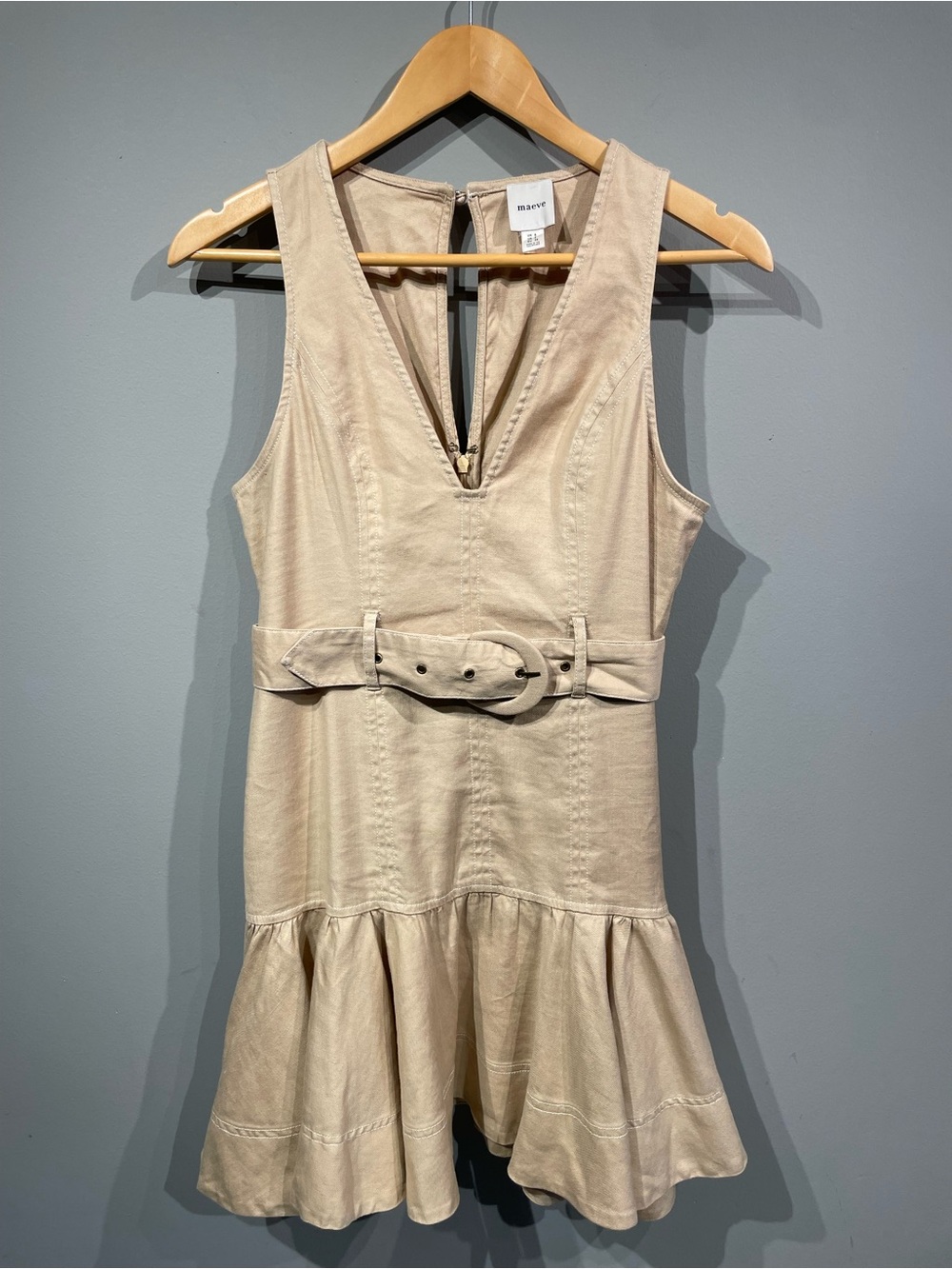 Maeve Anthropologie Neutral Beige Sleeveless V-Neck Belted Mini Dress size 4
